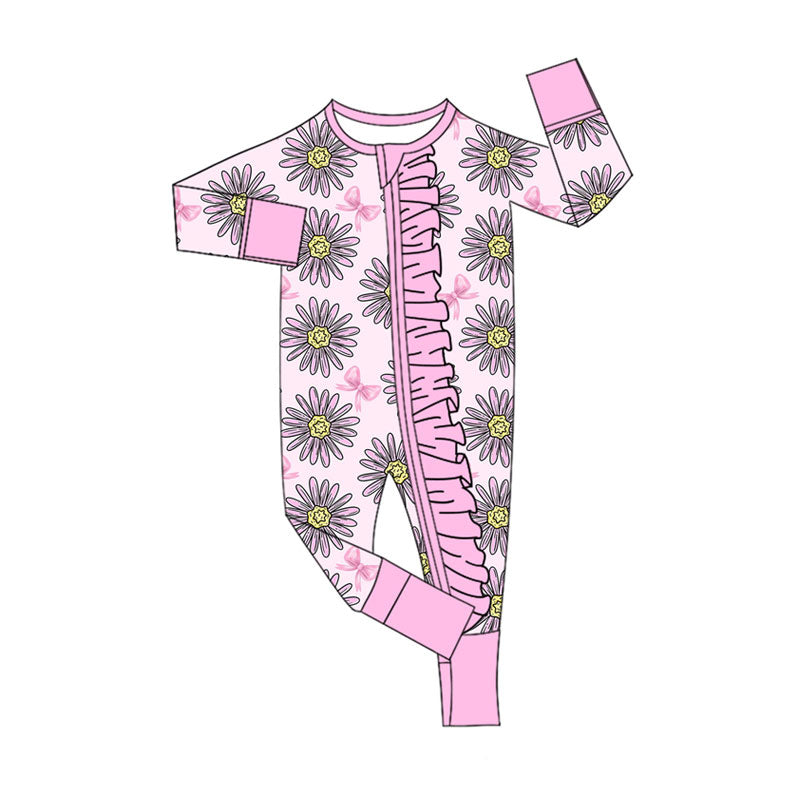 Preorder (moq 5)Baby Girls Pink Sunflowers Bows Ruffle Zipper Footie Rompers