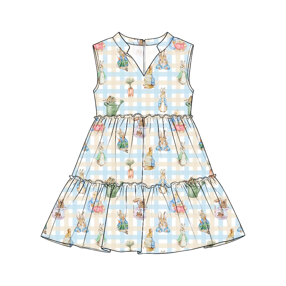 Preorder (moq 5) Girls Easter Colorful Bunny With Water Bottle Print Sleeveless Tiered Dresses, Festive Holiday Outfit
