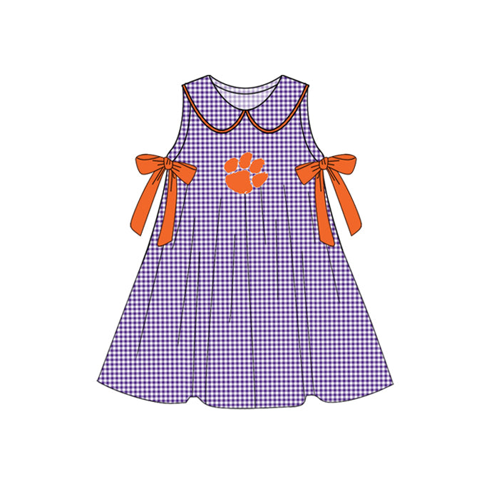 Preorder (moq 5)Baby Girls Purple Plaid Sleeveless Bows Pawl Team Knee Length Dresses