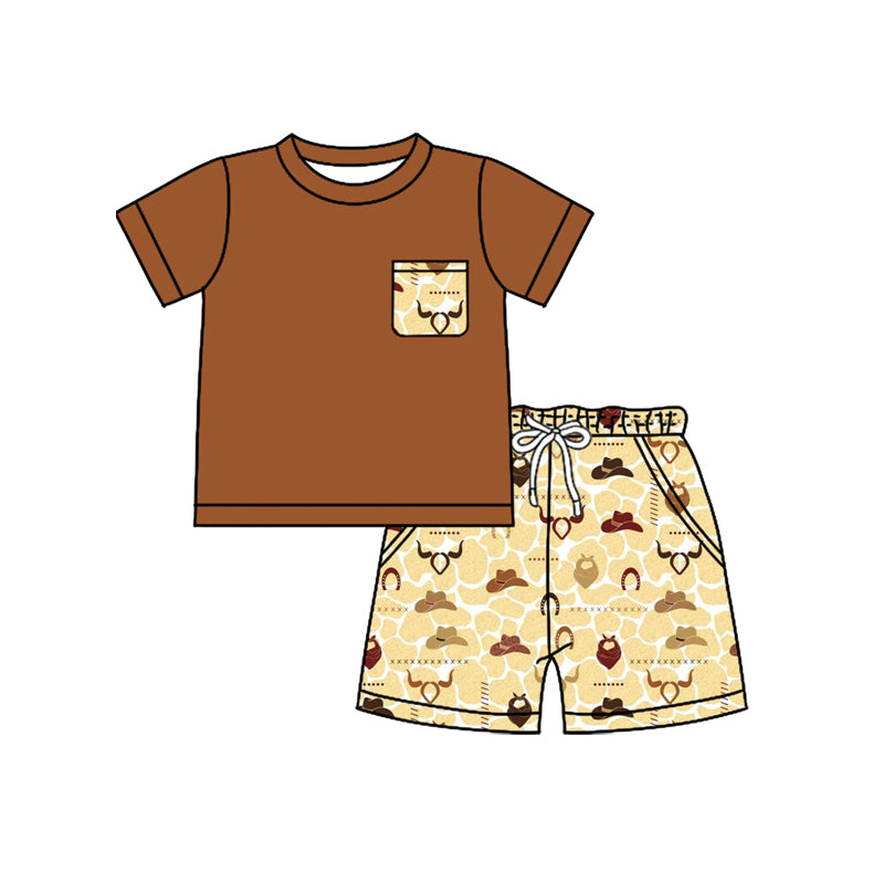 Preorder moq 5 Baby Boys Brown Short Sleeves Pocket Top Bull Skull Hats Short Set