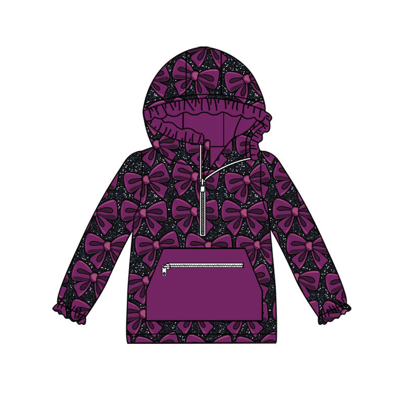 Preorder (moq 5)Baby Girls Purple Bows Zip Pocket Ruffle Hoodies Top