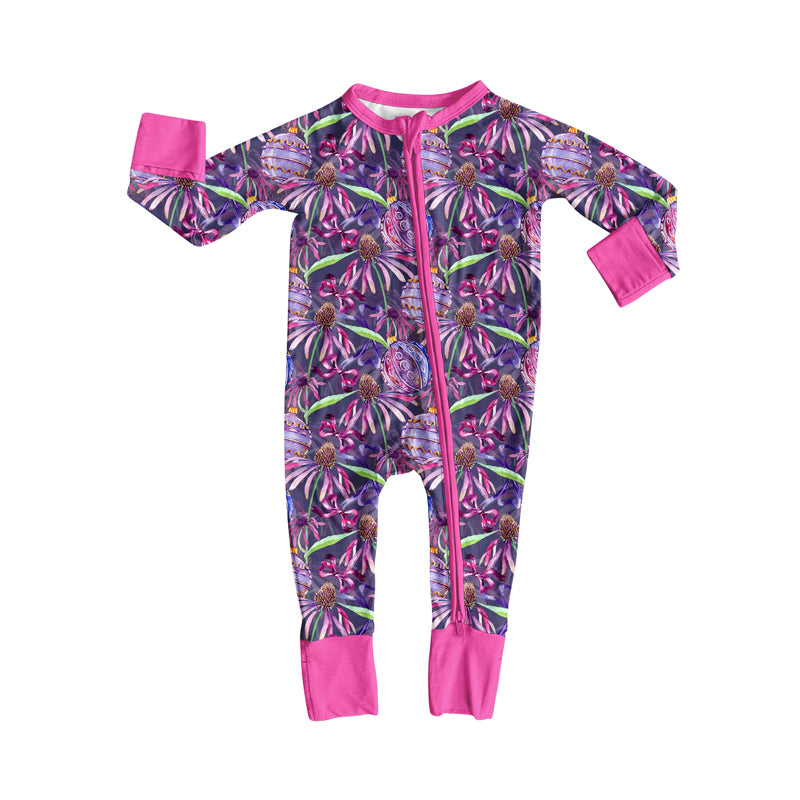 Preorder(moq 5)Baby Infant Boys Hot Pink Flowers Bows Halloween Zipper Rompers