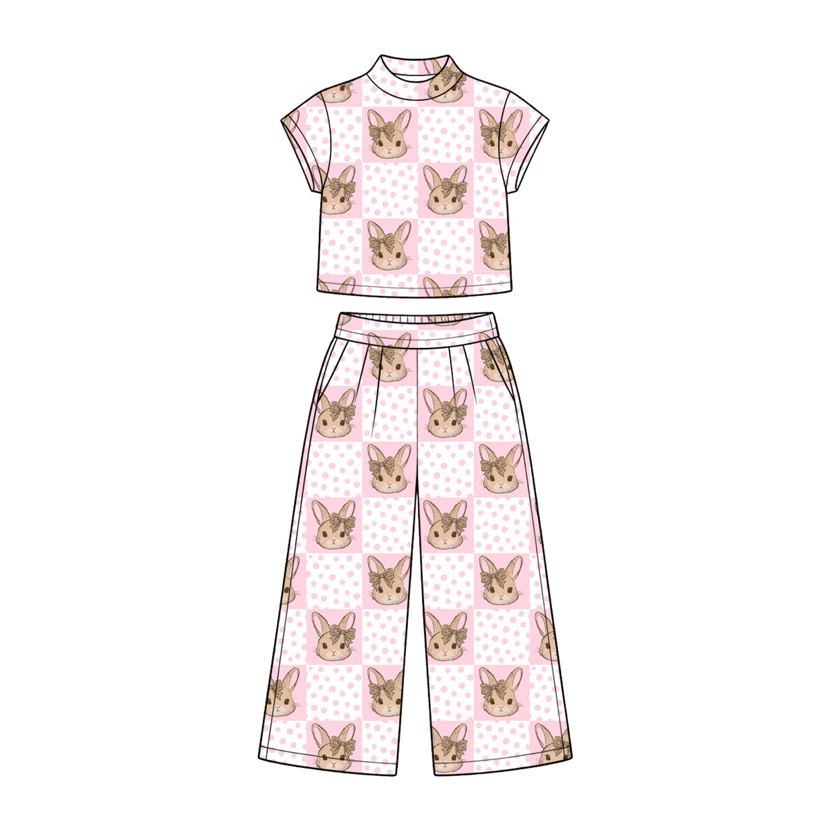 Preorder (moq 5) Baby Girl Clothes Bow Bunny Pink Polka Dot Checkered Print Short Sleeve Wide Leg Pant Set