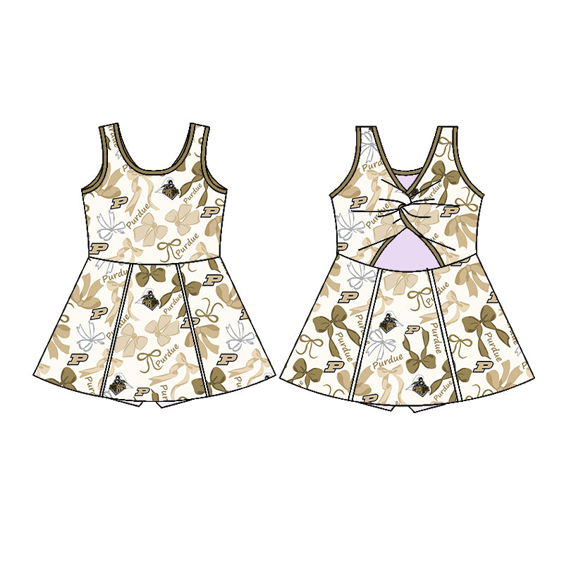 Preorder (moq 5)Baby Girls Sleeveless Olive P Bows Plaid Shorts Team Knee Length Dresses