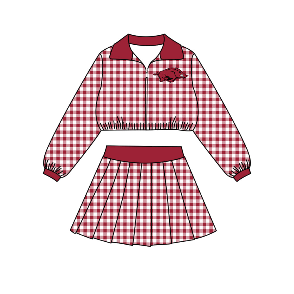 Preorder (moq 5) Girls’ Team Red Plaid Collared Long-Sleeve Zip-Up Jacket & Matching Pleated Skirt 2-Piece Set