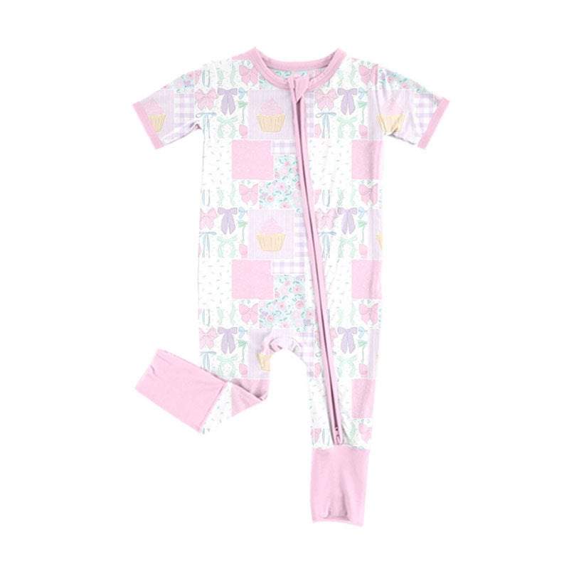 Preorder(moq 8)Baby Girls Pink Flowers Bows Checked Zipper Footie Rompers