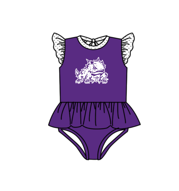 Preorder moq 5 Baby Girls Purple Flutter Sleeve Frogs Team Swimsuits