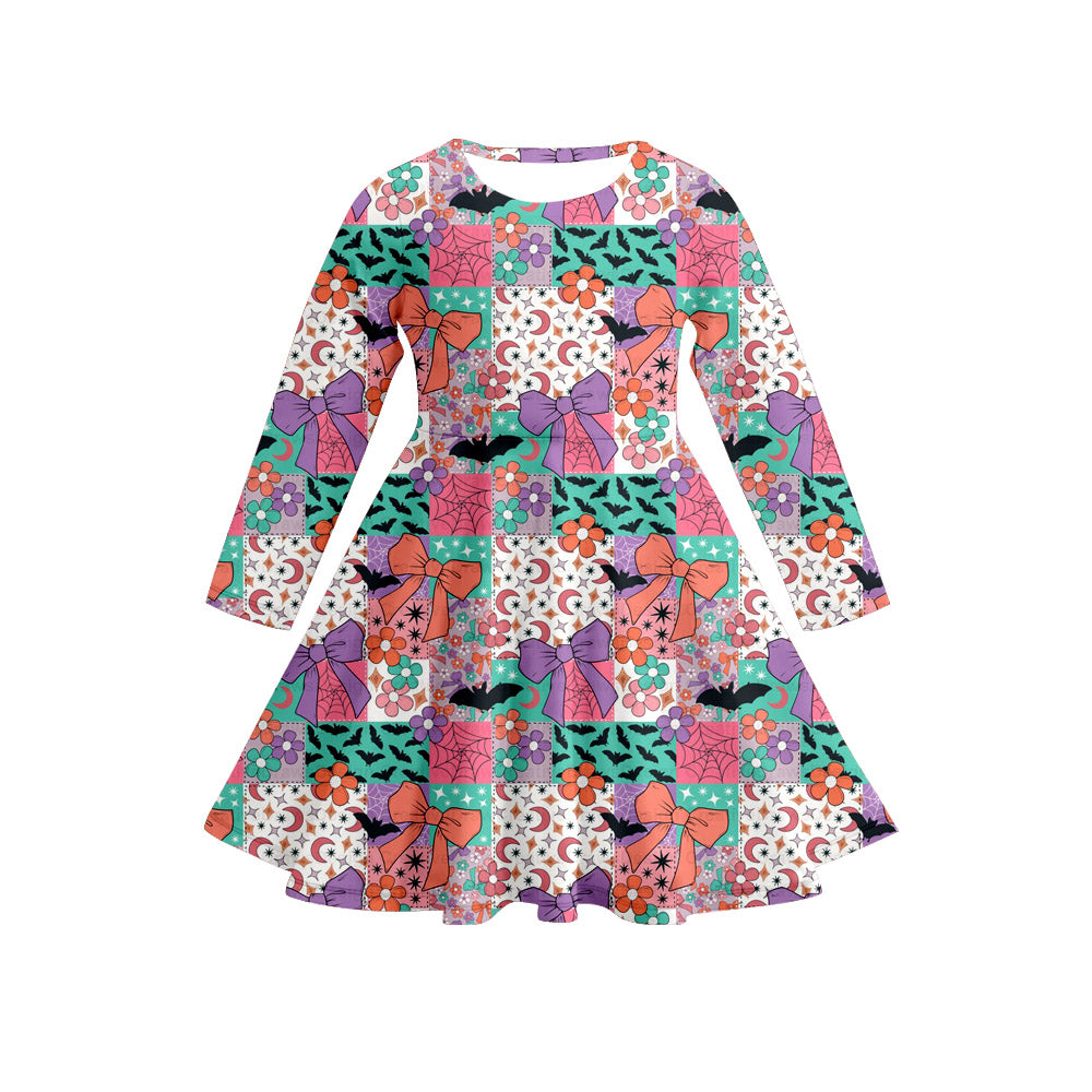 Preorder (moq 5)Baby Girls Long Sleeves Bats Flowers Bows Plaid Knee Length Dresses