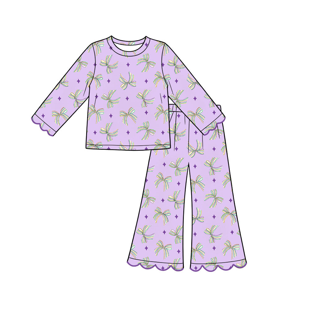 Preorder (moq 5) Girl Clothes Mardi Gras Rainbow Bow Star Print Scalloped Long Sleeve Flare Pajama Set