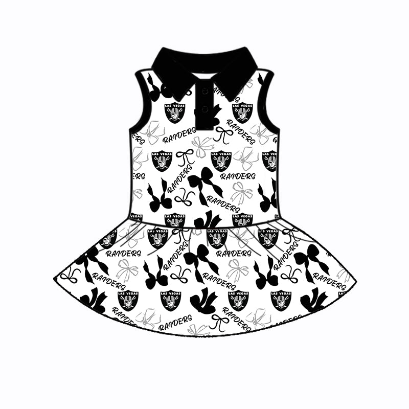 Preorder (moq 5)Baby Girls Sleeveless Black Bows Plaid Raiders Button Team Knee Length Dresses