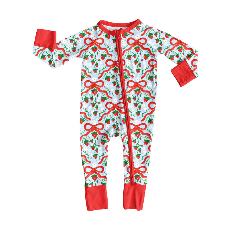 Preorder(moq 5)Baby Infant Boys Red Bows Strawberry Plaid Zipper Rompers