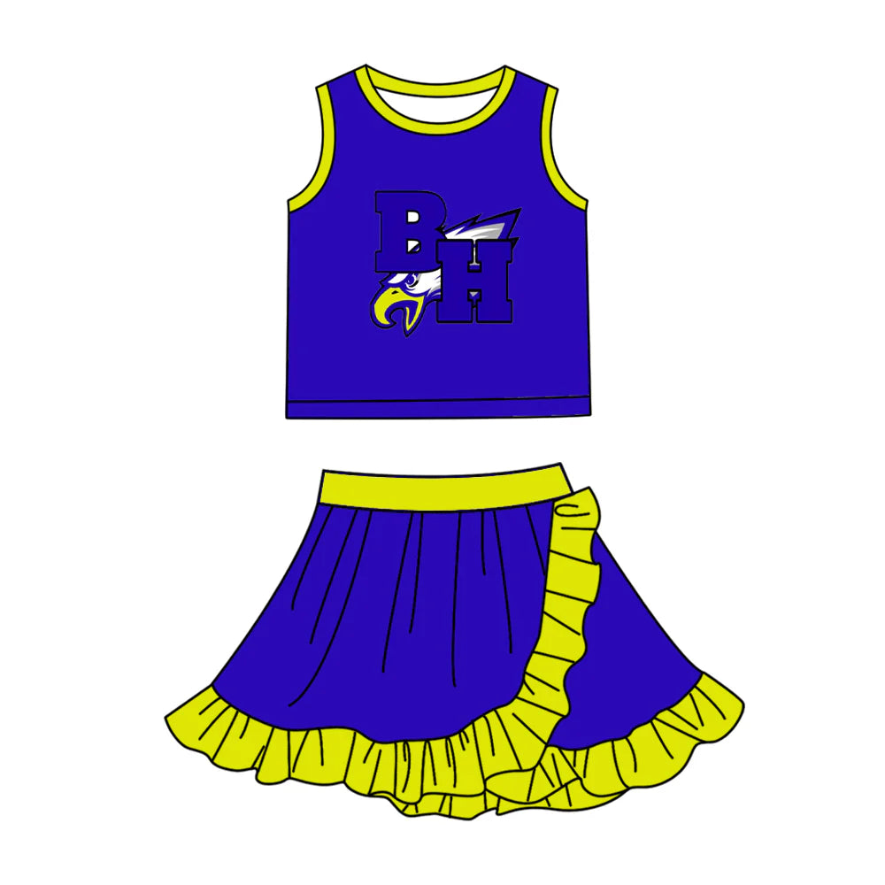 Preorder (moq 5)Baby Girls Hot Blue BH Eagles Vest Top Ruffle Skirt Short Team Clothes Sets