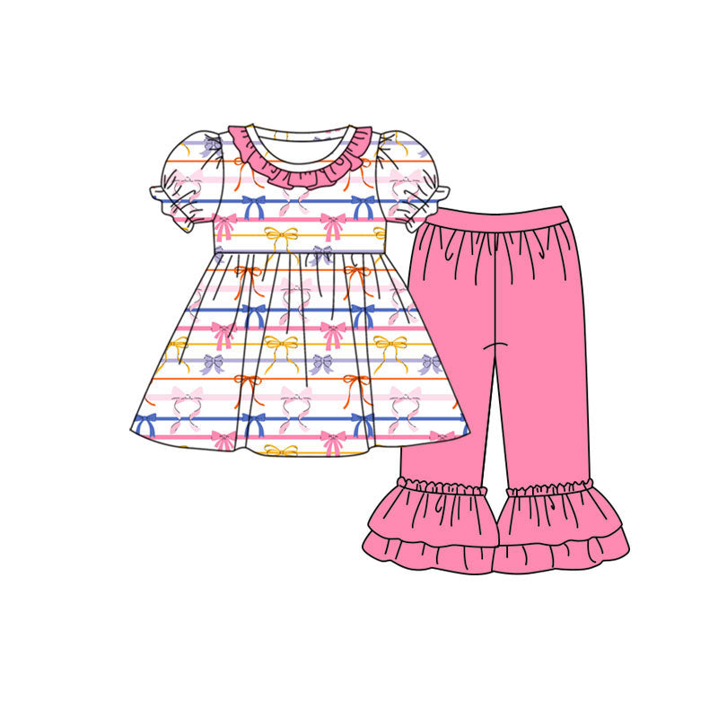 Preorder (moq 5)Baby Girls Colorful Bows Stripe Tunic Ruffle Pants Clothes Set
