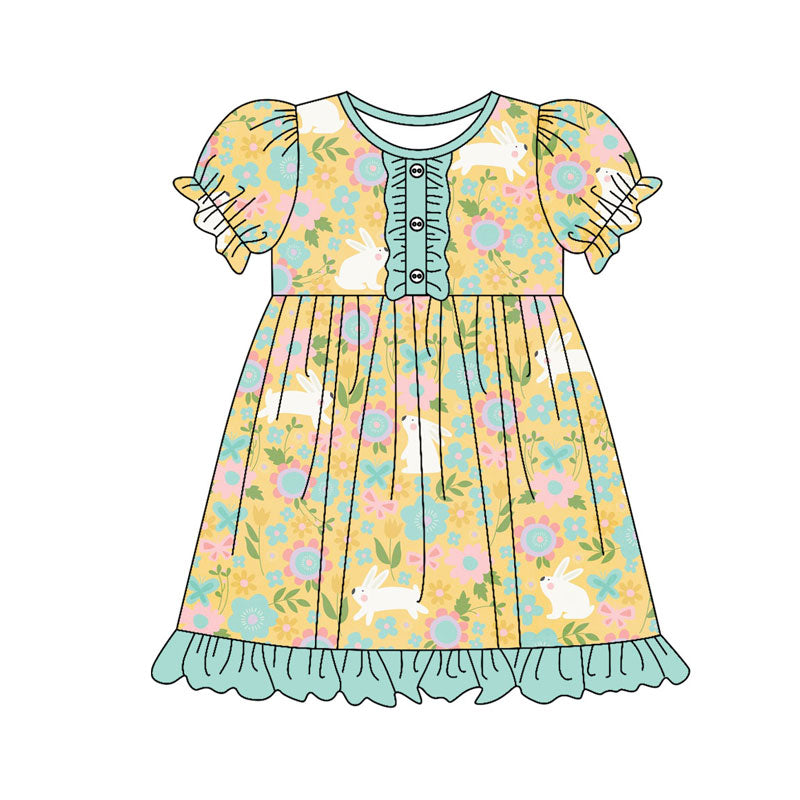 Preorder(moq 8)Baby Girls Flowers Rabbits Easter Button Ruffle Knee Length Dresses