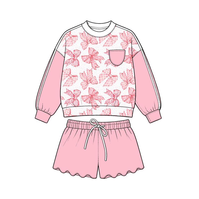 Preorder (moq 5) Girls’ All-Over Bow Print Cropped Sweatshirt & Wavy Ruffle Shorts 2-Piece Sweet Dusty Pink Set