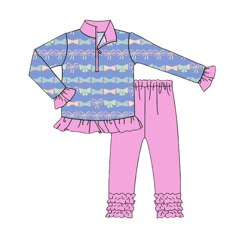 Preorder(moq 5) Baby Girls Pink Colorful Bows Zip Pullover Top Legging Boutique Outfits Sets