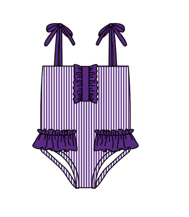 Preorder moq 5 Baby Girls Strap Purple Stripe Team Swimsuits