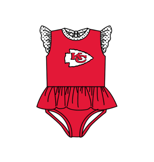 Preorder moq 5 Baby Girls Red KC Flutter Sleeve Team Swimsuits