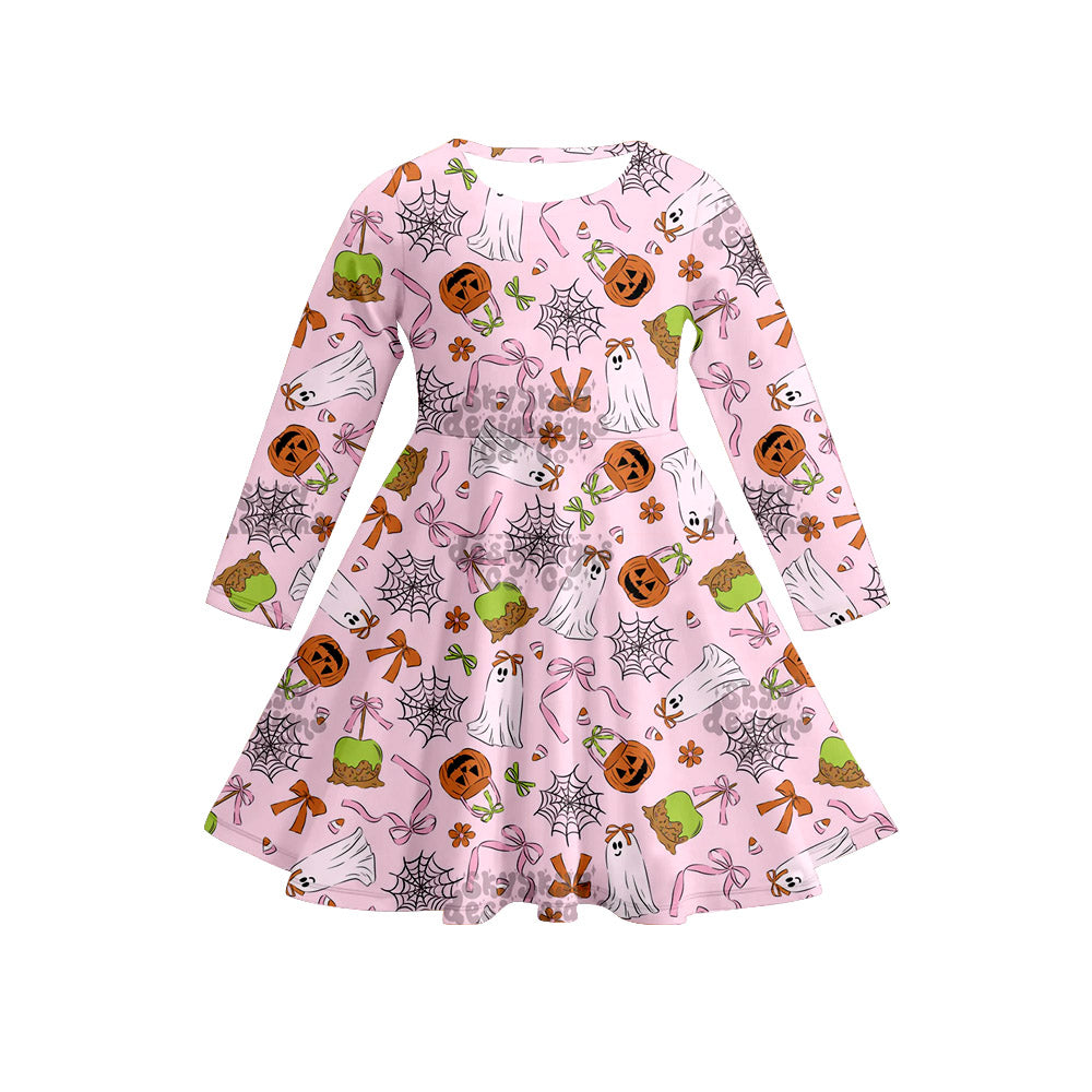 Preorder (moq 5)Baby Girls Long Sleeves Pink Bows Ghost Pumpkins Plaid Knee Length Dresses
