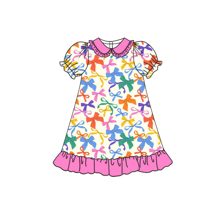 Preorder(moq 5) Baby Girls Short Sleeve Colorful Bows Collar Ruffle Knee Length Dresses