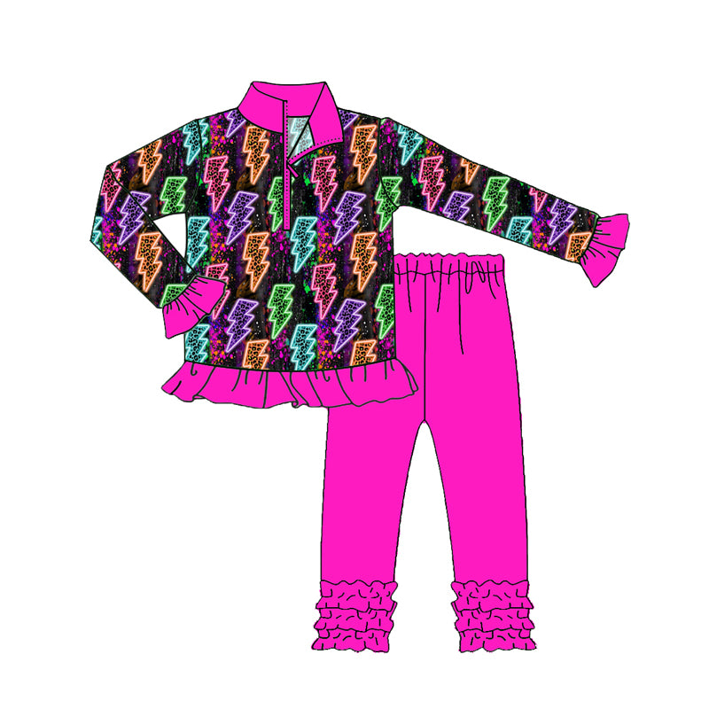 Preorder (moq 5)Baby Girls Long Ruffle Sleeves Colorful Lights Plaid Zipper Top Legging Pants Set