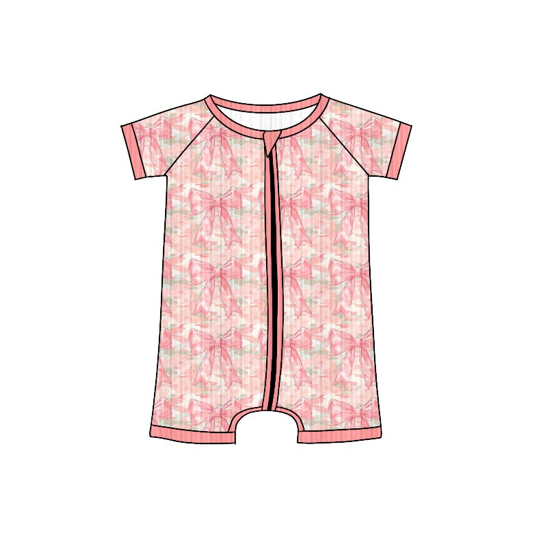 Preorder (moq 5)Baby Girls Short Sleeves Peach Camo Bows Zipper Shorts Romper