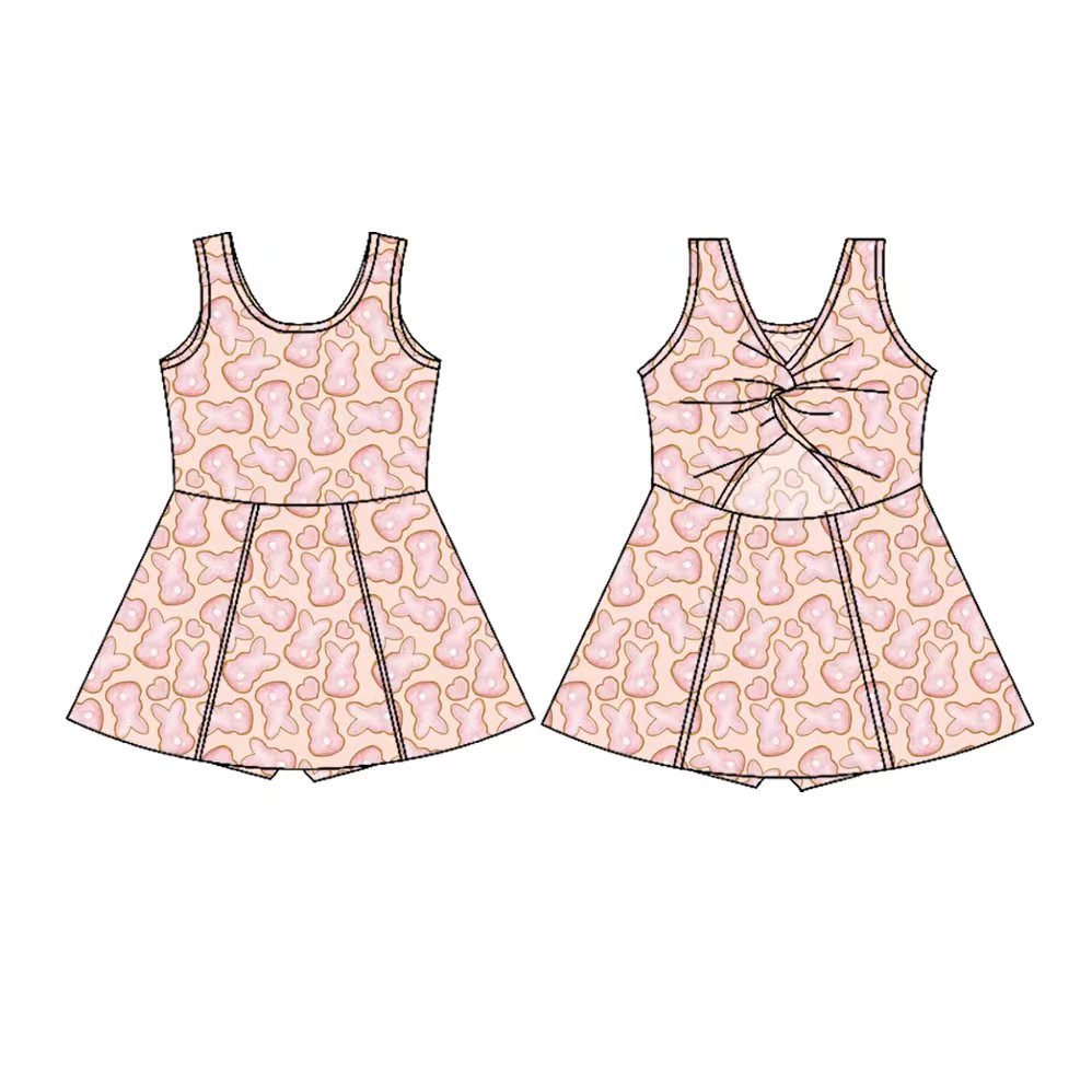 Preorder(moq 5) Baby Girls Sleeveless Pink Rabbits Hearts Easter Shorts Knee Length Dresses