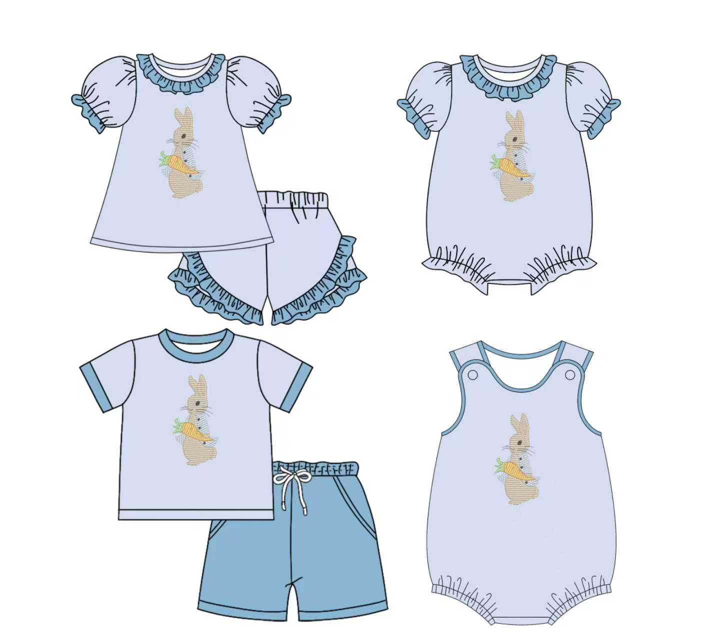Preorder moq 5 (each item)Baby Kids Rabbit Carrots Top Shorts Easter Clothes Sets Rompers