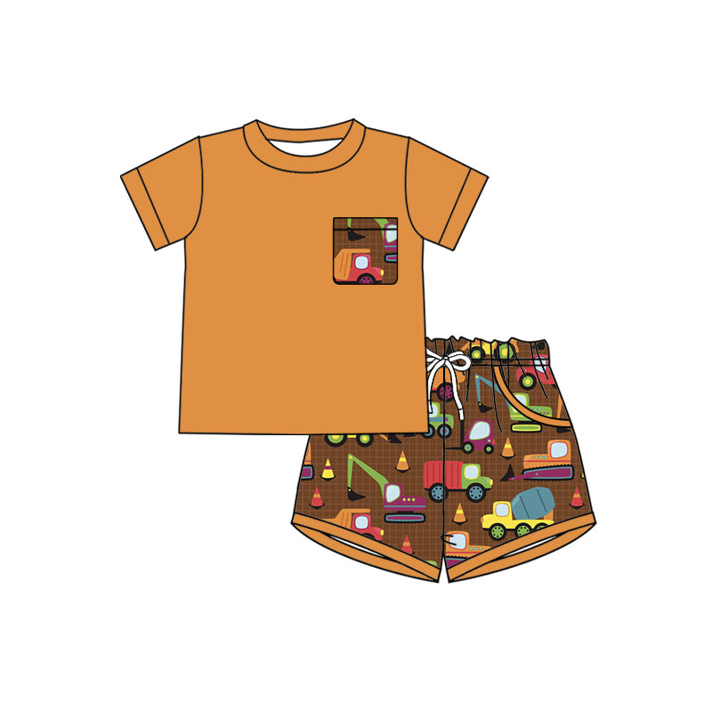 Preorder (moq 5)Baby Boys Orange Excavators Top Checked Pockets Shorts Clothes Set
