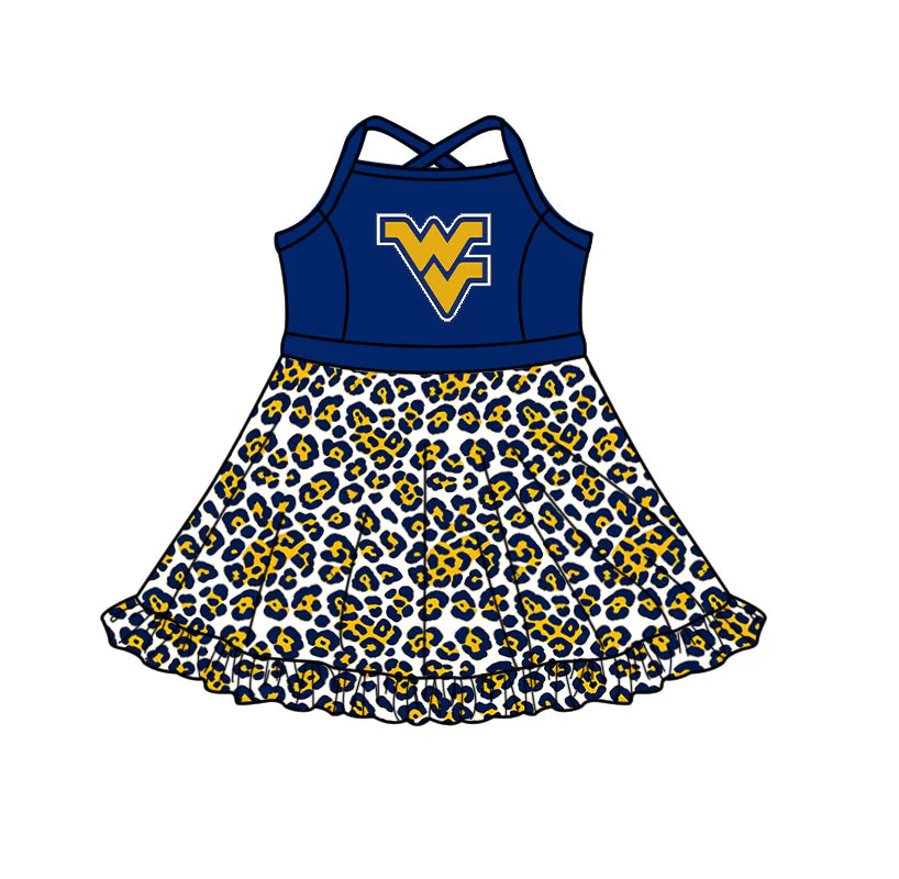 Preorder (custom moq 5)Baby Girls Strap Leopard WV Short Ruffle Team Knee Length Dress