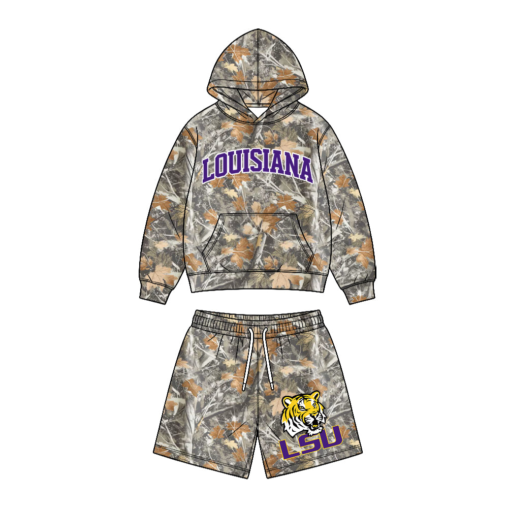 Preorder (moq 5) Baby Boys Leaves Camo Louisiana Pocket Hoodie Short Team Clothes Sets