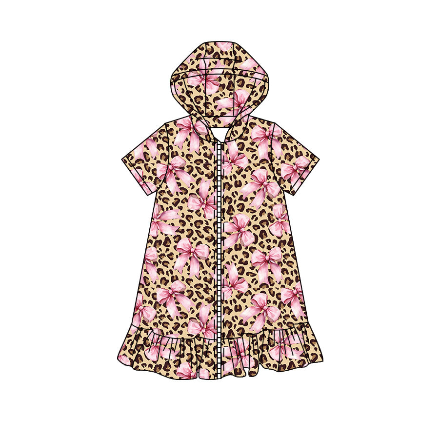 Preorder moq 5 Baby Girls Short Sleeve Leopard Bows Fall Zip Ruffle Knee Length Dresses