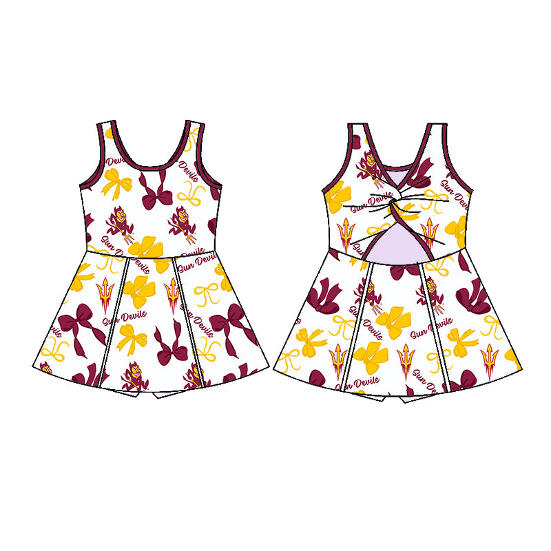 Preorder (moq 5)Baby Girls Red Sleeveless Sun Devils Bows Plaid Shorts Team Knee Length Dresses