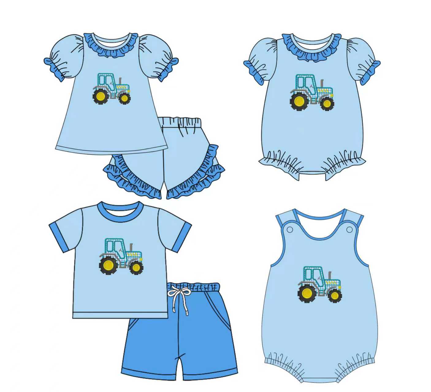 Preorder moq 5 (each item)Baby Kids Golf Trucks Top Shorts Clothes Sets Rompers