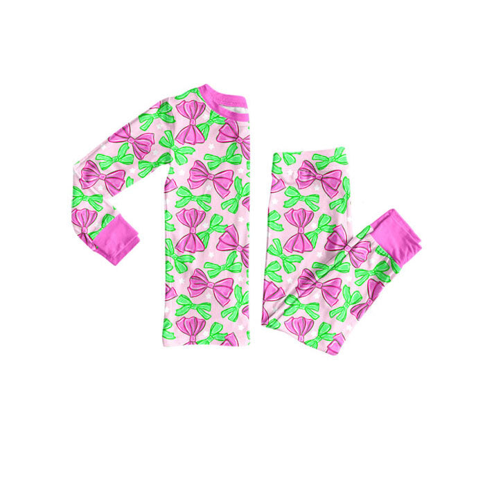 Preorder(moq 8)Baby Girls Pink Green Bows Plaid Top Pants Pajamas Sets