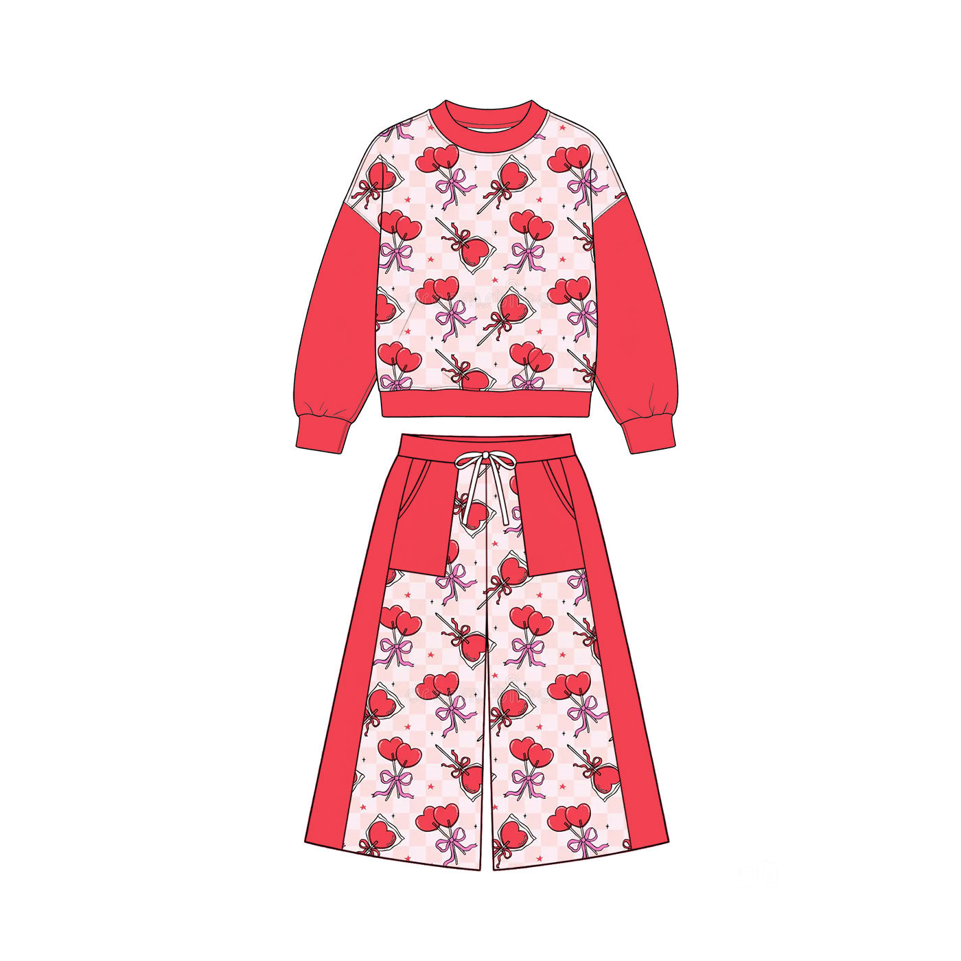 Pre-order(moq5) Girls’ Fall Pink Strawberry Print Crew Neck Long Sleeve Bow Top & Wide-Leg Pants Set | Sisters’ Matching Outfits