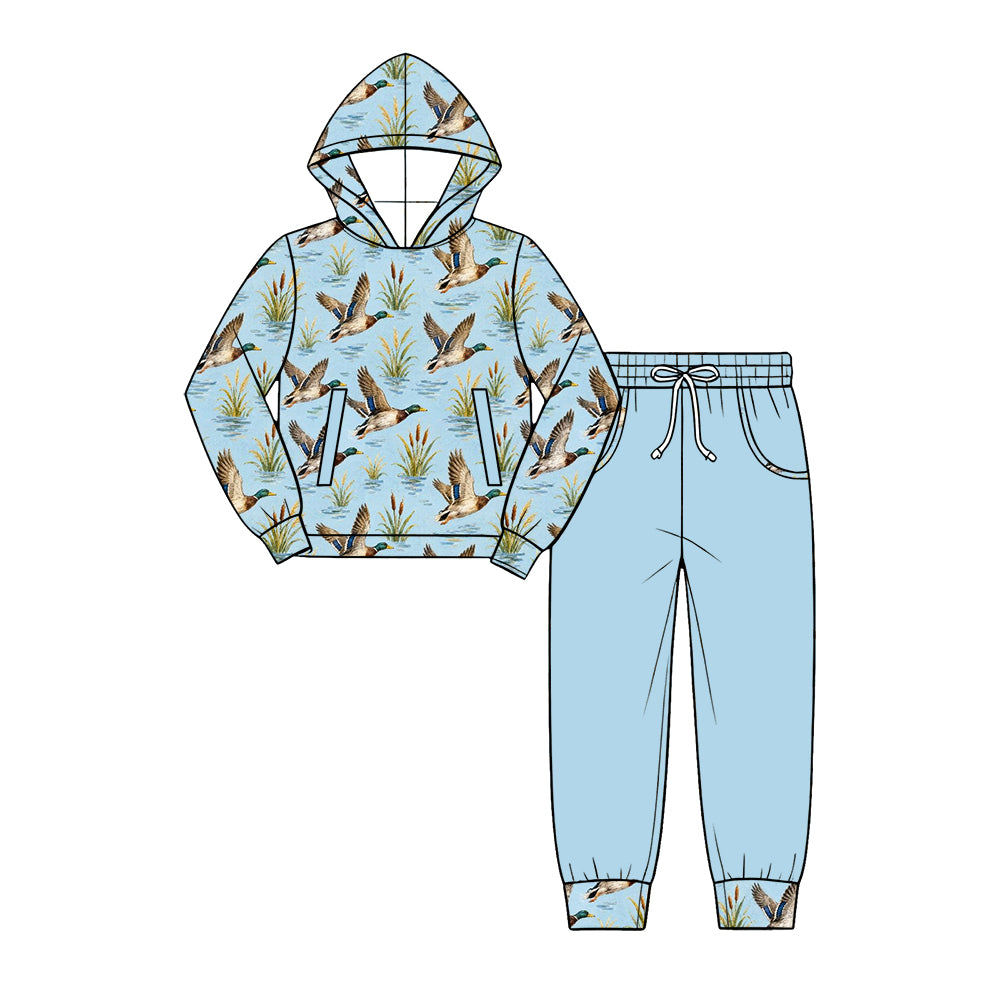 Preorder (moq 5) Baby Boy Clothes Sky Blue Reeds Mallard Duck Allover Print Long Sleeve Hoodie Jogger Pant Set