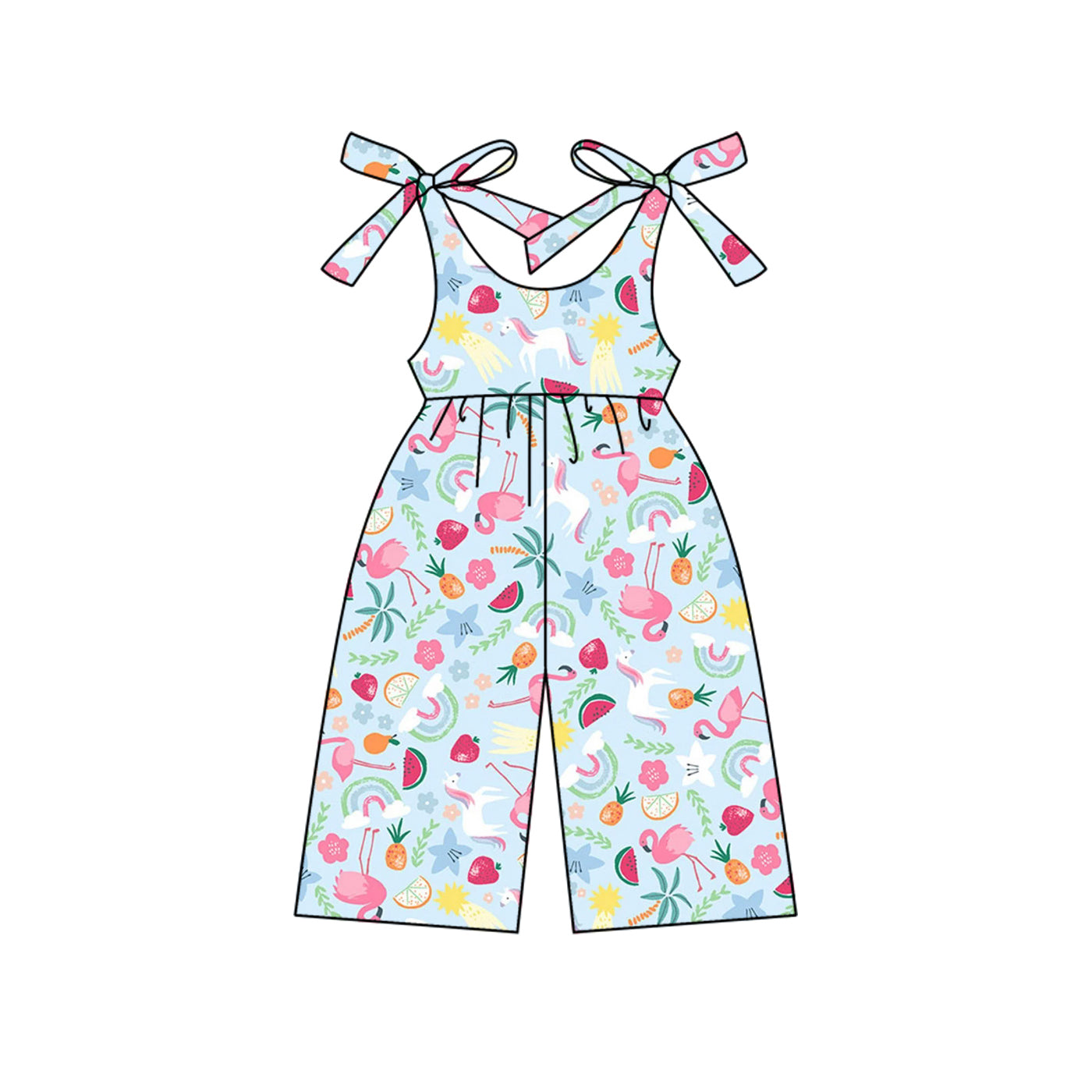 Preorder (moq 5)Baby Girls Blue Strap Floral Flamingos Jumpsuits