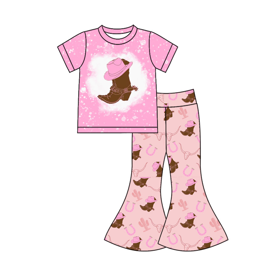 Preorder (moq 5)Baby Girls Hat Boots Bulls Skulls Top Bell Bottom Pants Western Clothes Sets