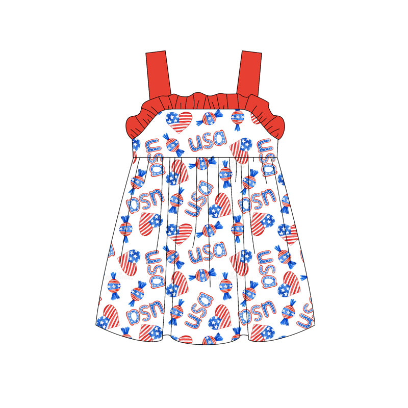 Preorder moq 5 Baby Girls Strap Blue Red Flag Hearts Candy 4th Of July Knee Length Dresses