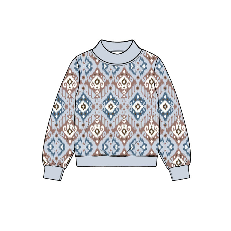 Preorder (moq 5) Baby Boy Clothes Western Aztec Ikat Geometric Print Long Sleeve Mock Neck Top