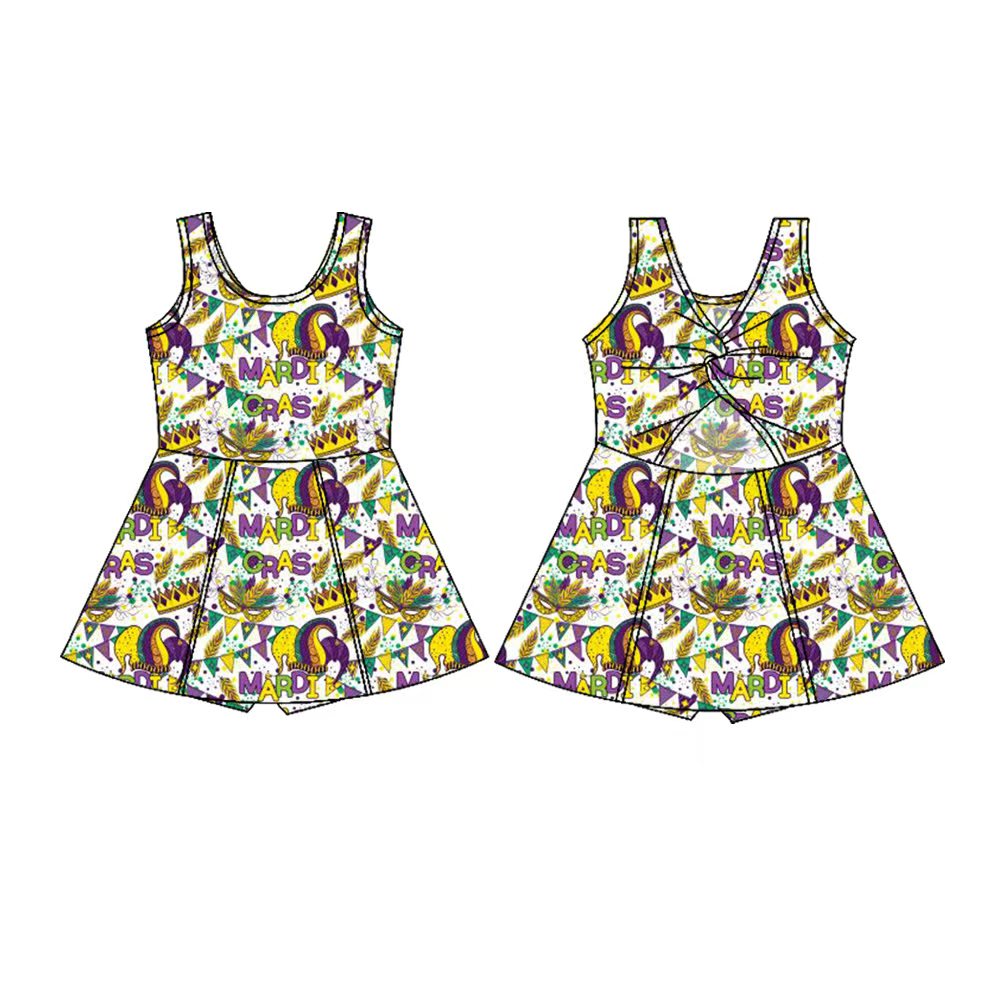 Preorder(moq 5) Baby Girls Sleeveless Mardigras Masks Crowns Shorts Knee Length Dresses
