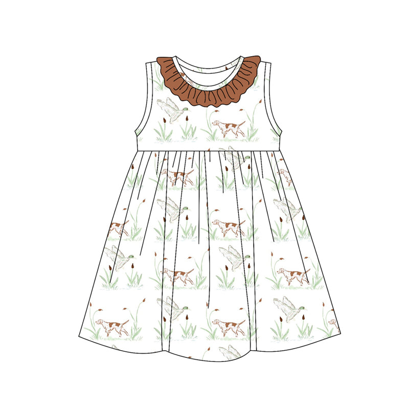 Preorder (moq 5)Baby Girls Brown Sleeveless Ducks Dogs Knee Length Dresses