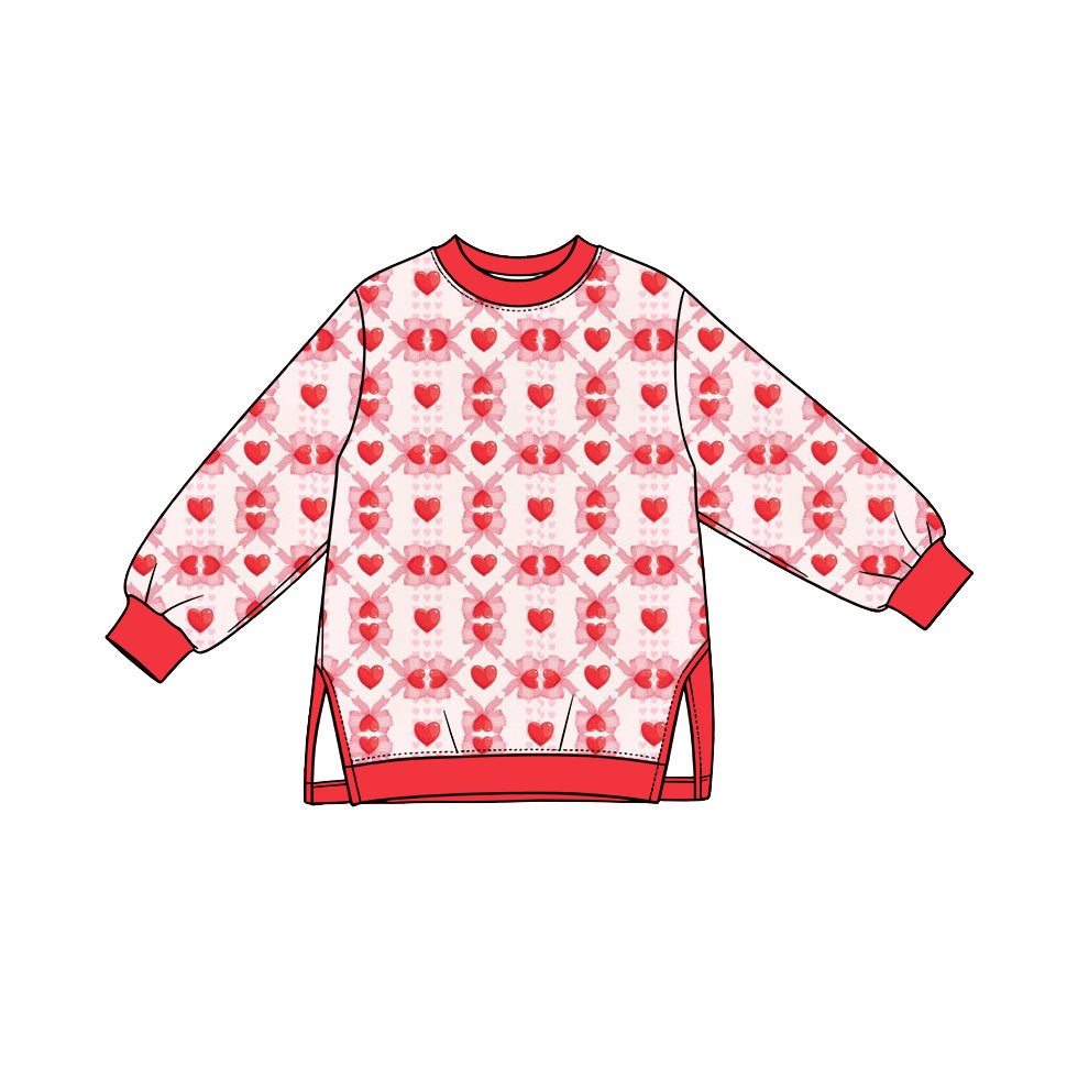 Preorder (moq 5) Baby Girl Clothes Red Bow Heart Lattice Mixed Print Long Sleeve Tunic Top