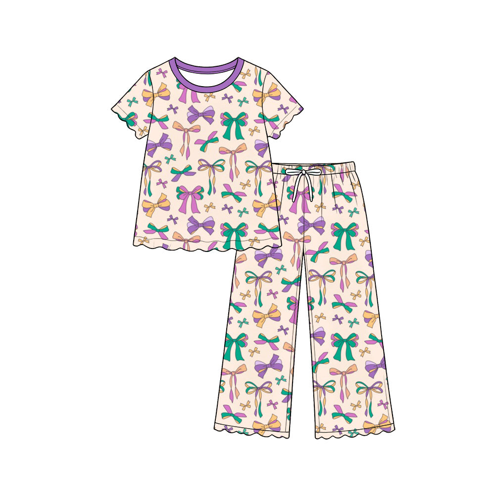 Pre-order(moq5) Baby Girl Clothes Mardi Gras Pastel Bow Print Short Sleeve Ruffle Top Wide Leg Pant Set