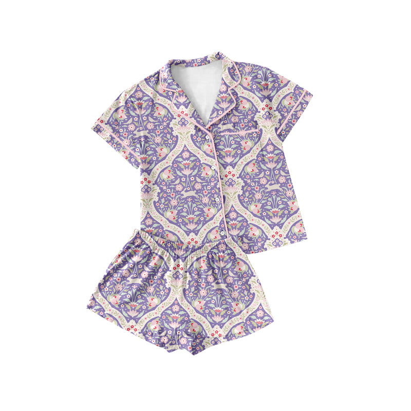 Preorder (moq 5)Baby Girls Flowers Checked Button Pocket Top Shorts Pajamas Sets