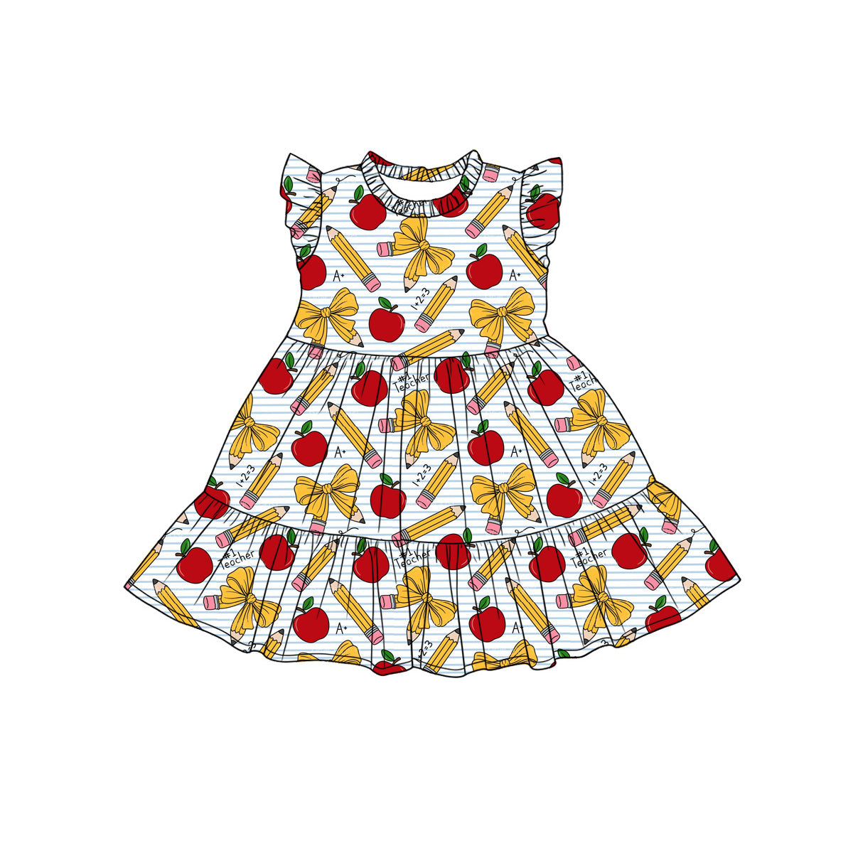 Preorder (moq 5)Baby Girls Apples Pencil Bows Back to School Patchwork Knee Length Dress