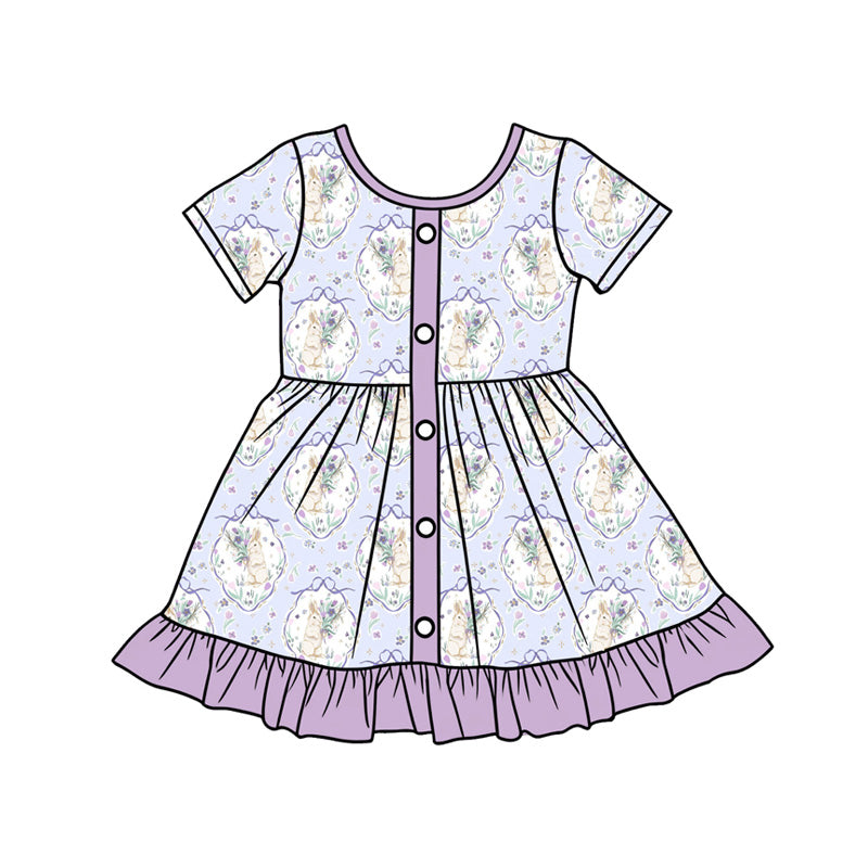 Preorder (moq 5)Baby Girls Flower Rabbits Easter Button Ruffle Knee Length Dresses