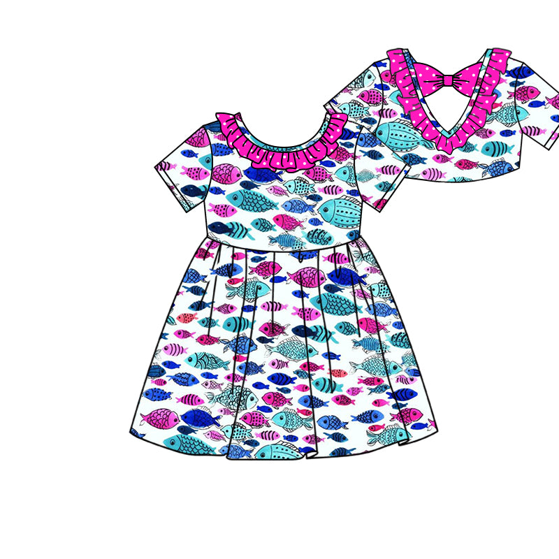 Preorder (moq 5)Baby Girls Colorful Fishes Back Bow Knee Length Dresses