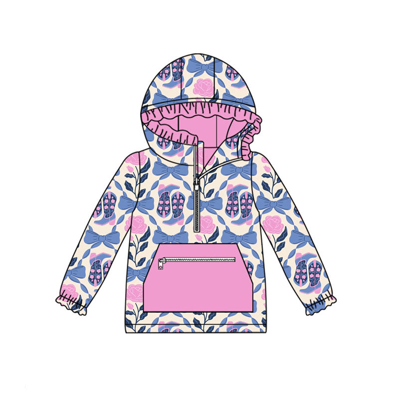 Preorder (moq 5)Baby Girls Pink Blue Flowers Bows Boots Zipper Pocket Ruffle Hoodies Top